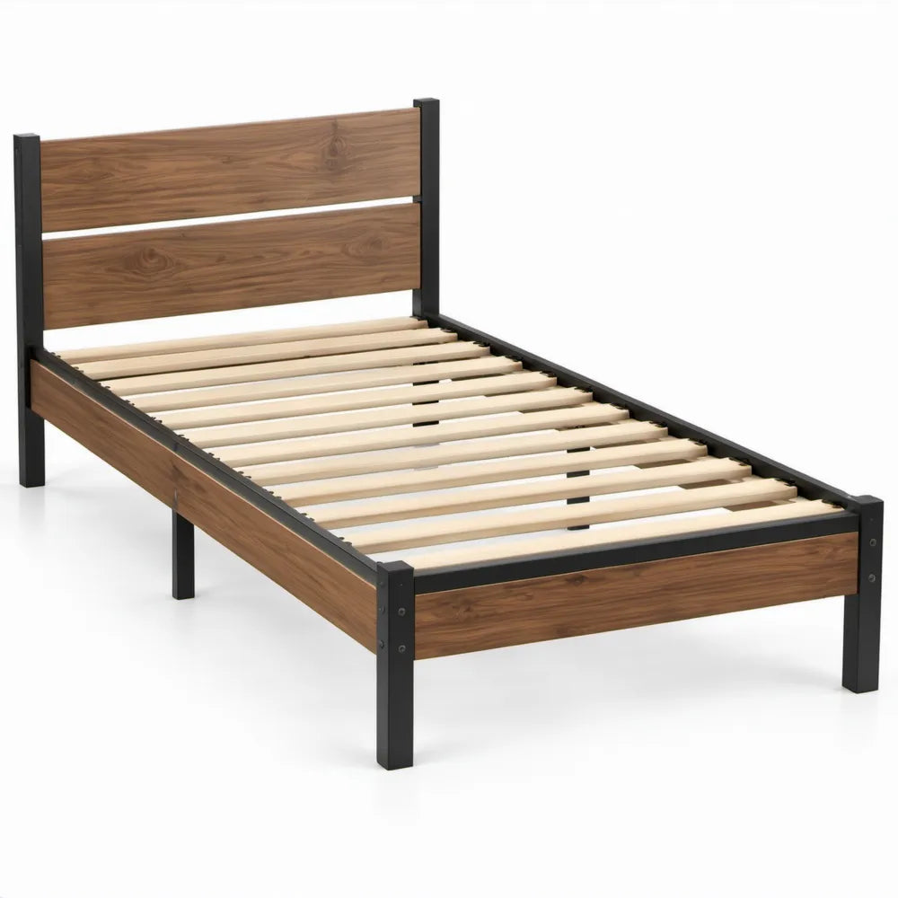 Bedframe 90 x 200 cm in walnootbruin en zwart met lattenbodem