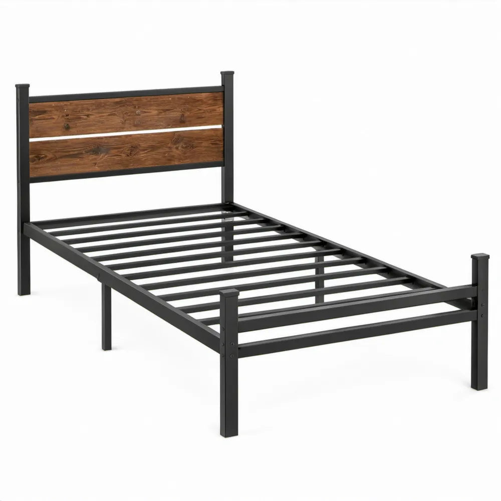 Eenpersoonsbedframe 90 x 200 cm van staal en massief grenenhout - Zwart/Bruin