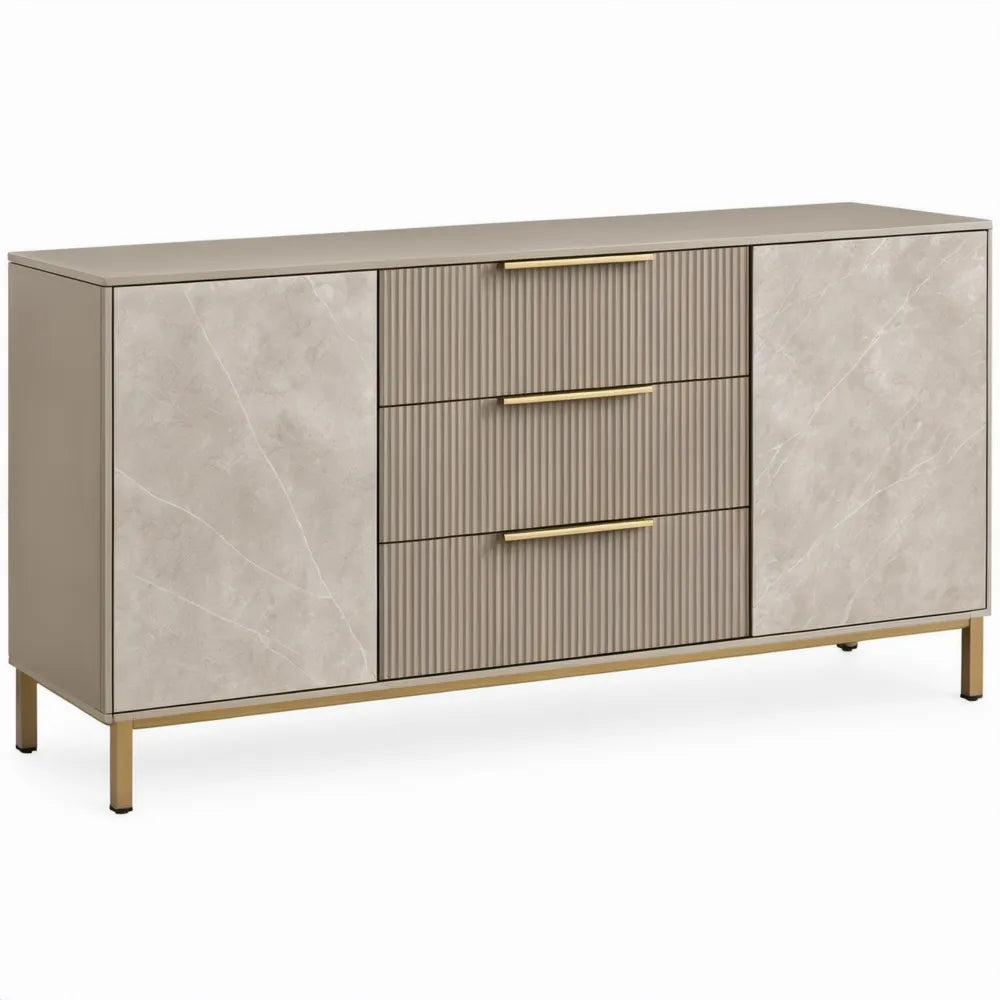 Dressoir met 2 deuren en 3 laden, 160 x 40 x 85 cm, Greige/Lichtgrijs/Goudkleurig