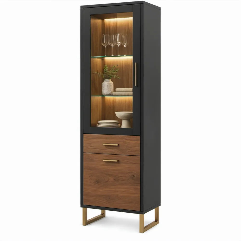 Vitrinekast zwart en walnootbruin met glazen deur, LED-verlichting en 2 laden – 60 x 40 x 190 cm