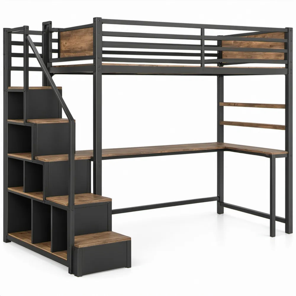 Hoogslaper 90 x 190 cm met Bureau, Trapopberging en Open Vakken – 198 x 141 x 180 cm – Zwart/Bruin