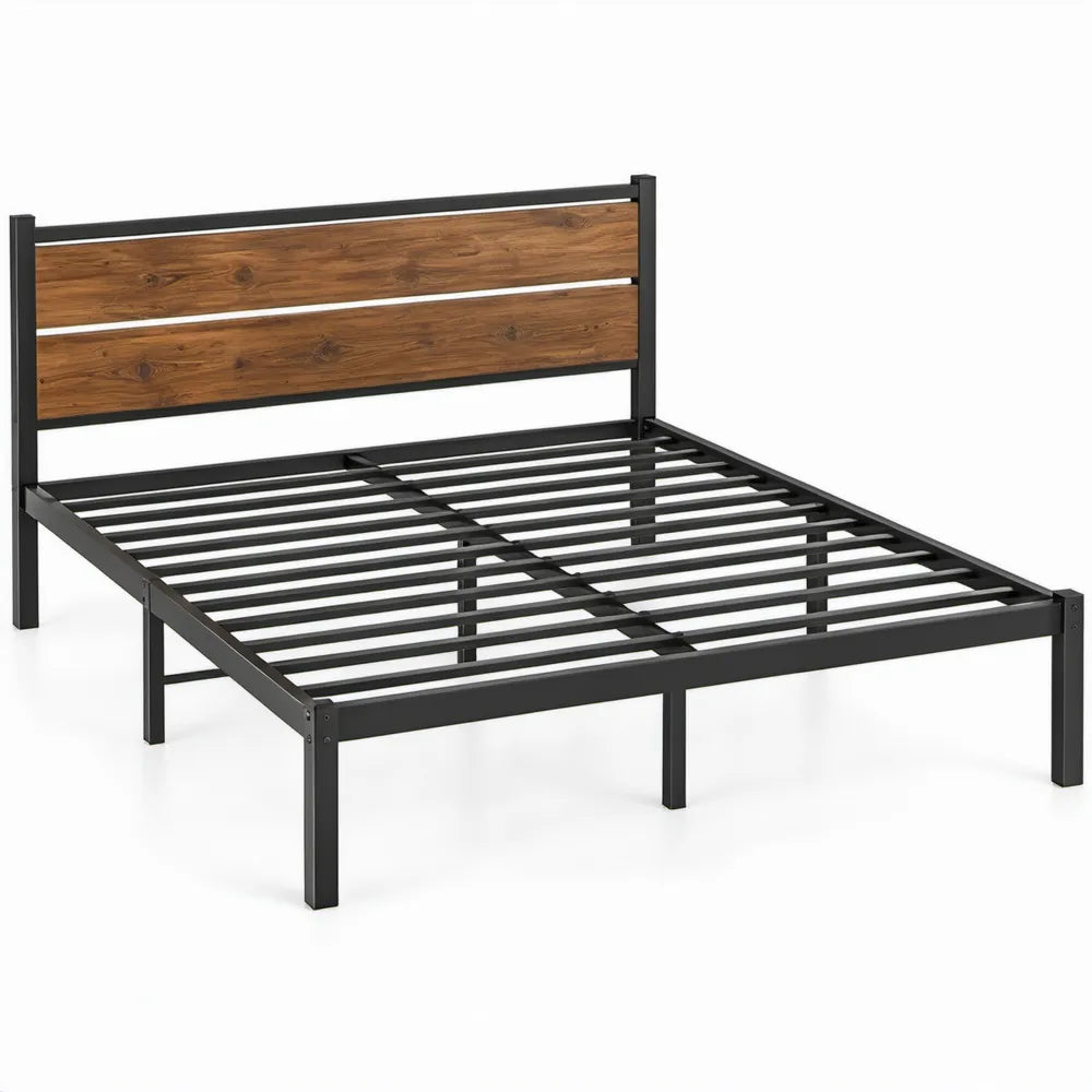 Stalen bedframe 140 x 200 cm met MDF-hoofdbord - Zwart/Bruin
