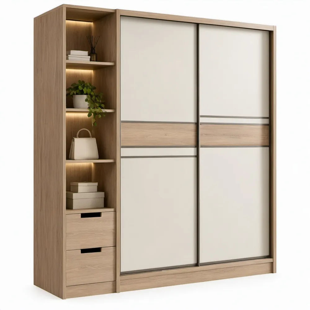 Schuifdeurkast met open vakken en 2 laden, 200 x 60 x 220 cm, eikenkleurig en wit