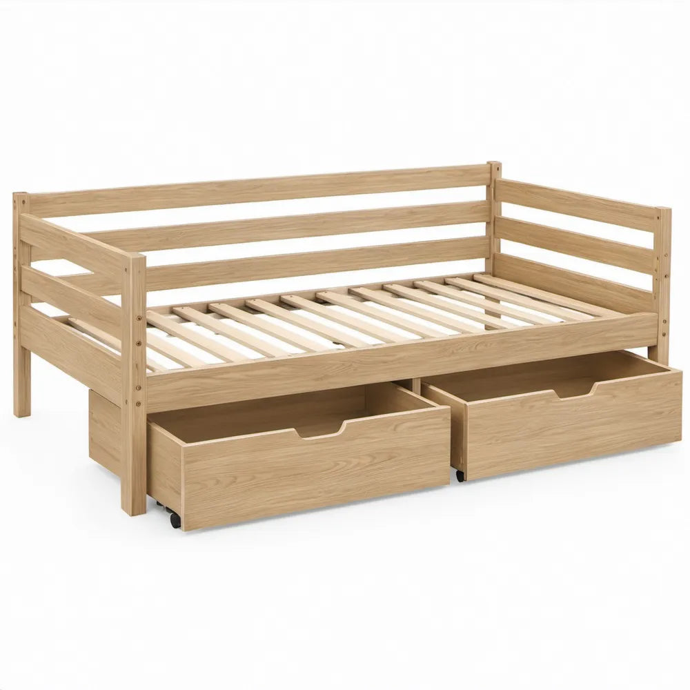 Kinderbed van massief grenenhout met veiligheidshekken en 2 opbergladen, 90 x 200 cm, naturel
