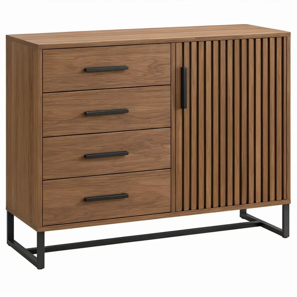 Walnootbruine opbergkast met 4 laden en 1 latten deur, 120 x 40 x 90 cm