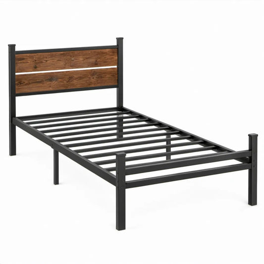 Eenpersoonsbedframe 90 x 200 cm van staal en massief grenenhout - Zwart/Bruin