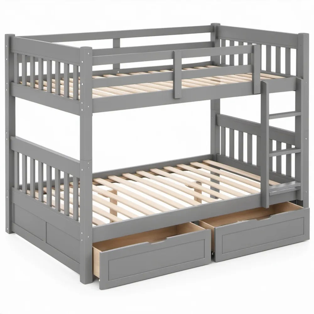 Grijs stapelbed van massief grenenhout met ladder, 2 opbergladen en lattenbodems 90 x 200 cm