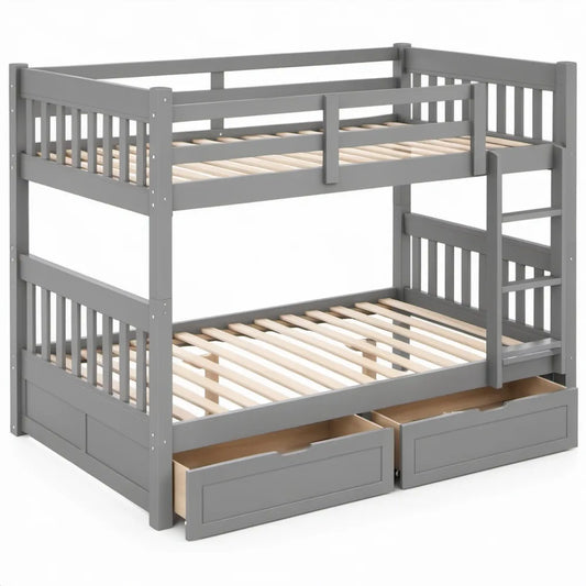 Grijs stapelbed van massief grenenhout met ladder, 2 opbergladen en lattenbodems 90 x 200 cm