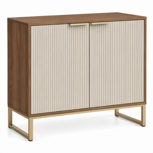 Opbergkast met 2 geribbelde deuren, 90 x 40 x 90 cm, walnootbruin/crème/goudkleur