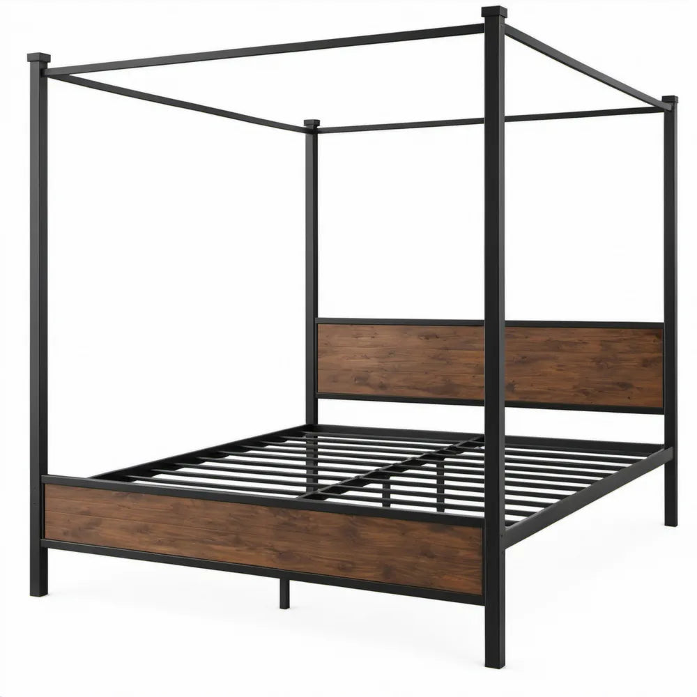 Hemelbedframe 160 x 200 cm zwart/bruin met MDF-panelen