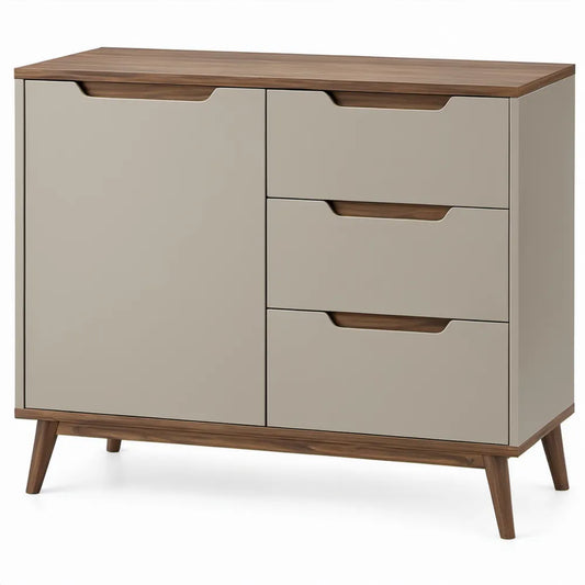 Dressoirkast met 1 deur en 3 laden, 120 x 40 x 90 cm, taupe en walnootbruin