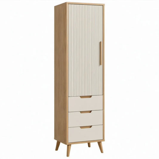 Hoge kast in eiken en wit met geribbelde deur en 3 lades, 60 x 40 x 180 cm