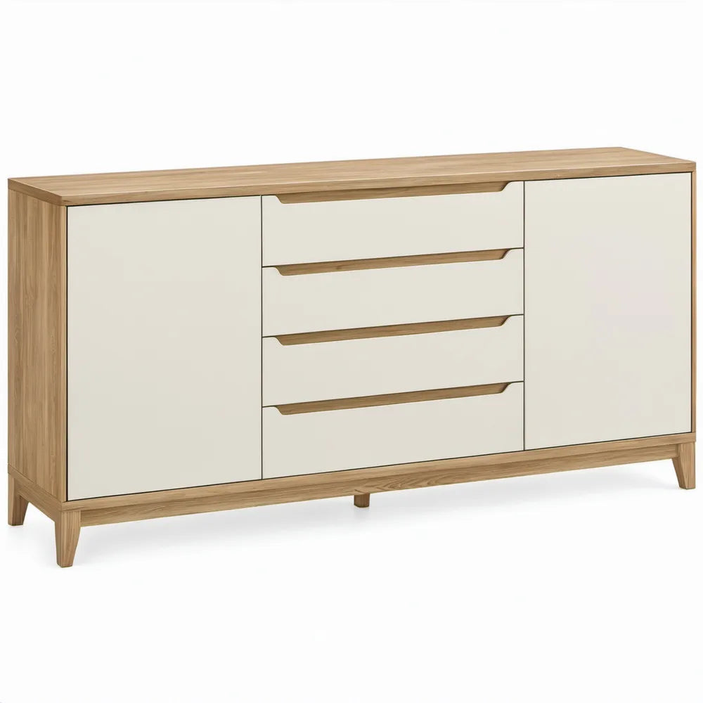 Dressoir met 4 lades en 2 deuren, 160 x 40 x 85 cm, eikenkleurig en gebroken wit