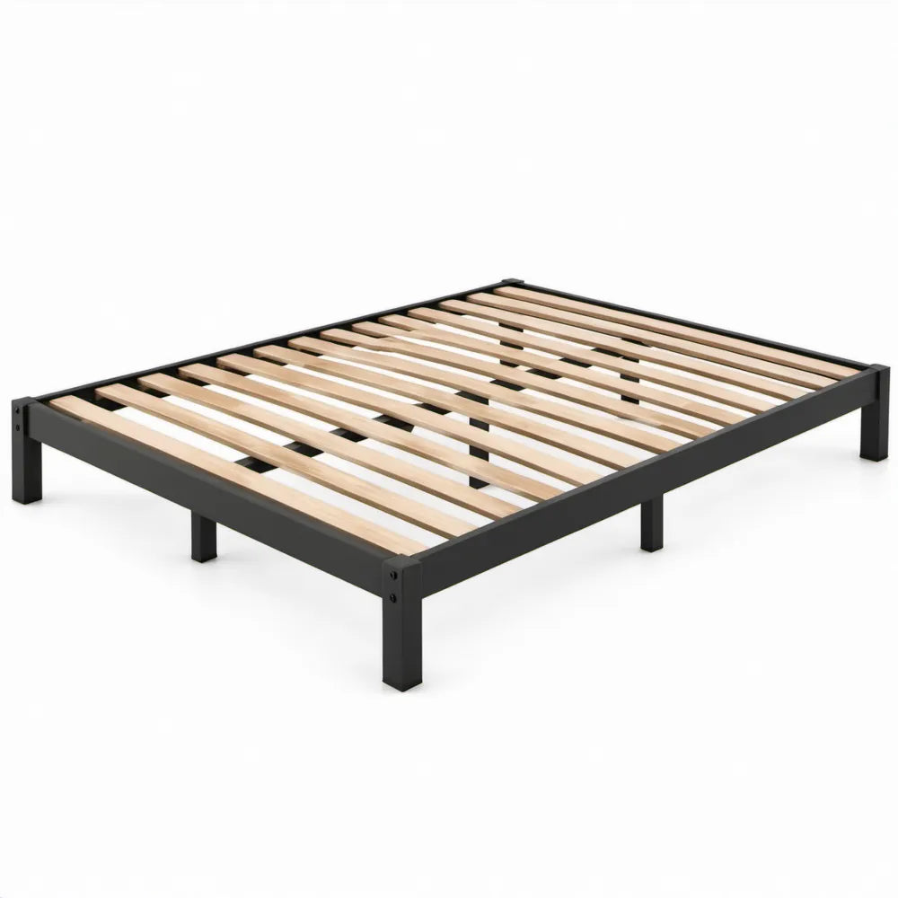 Bedframe met lattenbodem 140 x 200 cm zwart en naturel staal met populierenhout