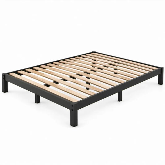 Bedframe met lattenbodem 140 x 200 cm zwart en naturel staal met populierenhout