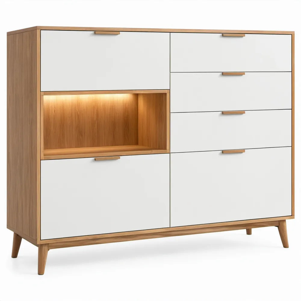 Opbergkast met 4 lades, 2 deuren, open vak en ledverlichting – Wit/Eikenkleurig – 120 x 40 x 120 cm
