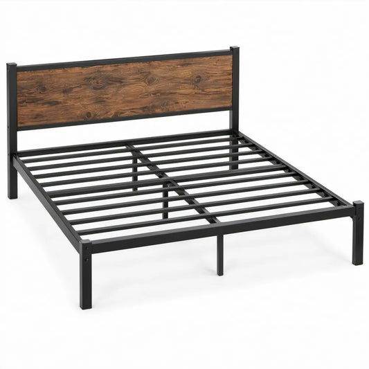 Bedframe 140 x 200 cm met zwart stalen frame en donkerbruin houtlook hoofdbord