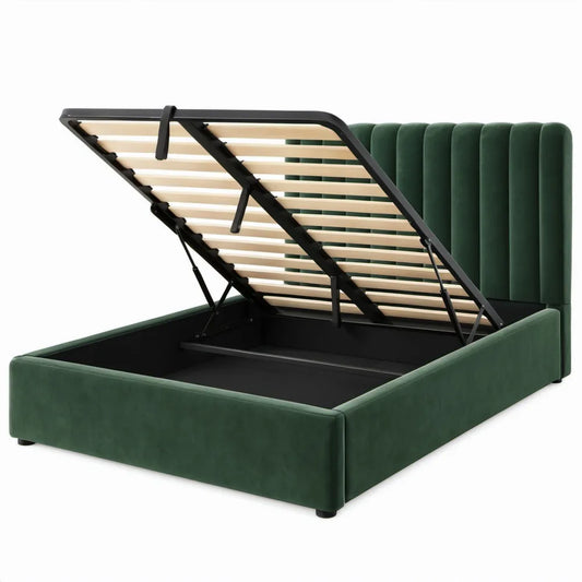 Opbergbed 160 x 200 cm Donkergroen Zwart Naturel Polyesterfluweel met Lattenbodem