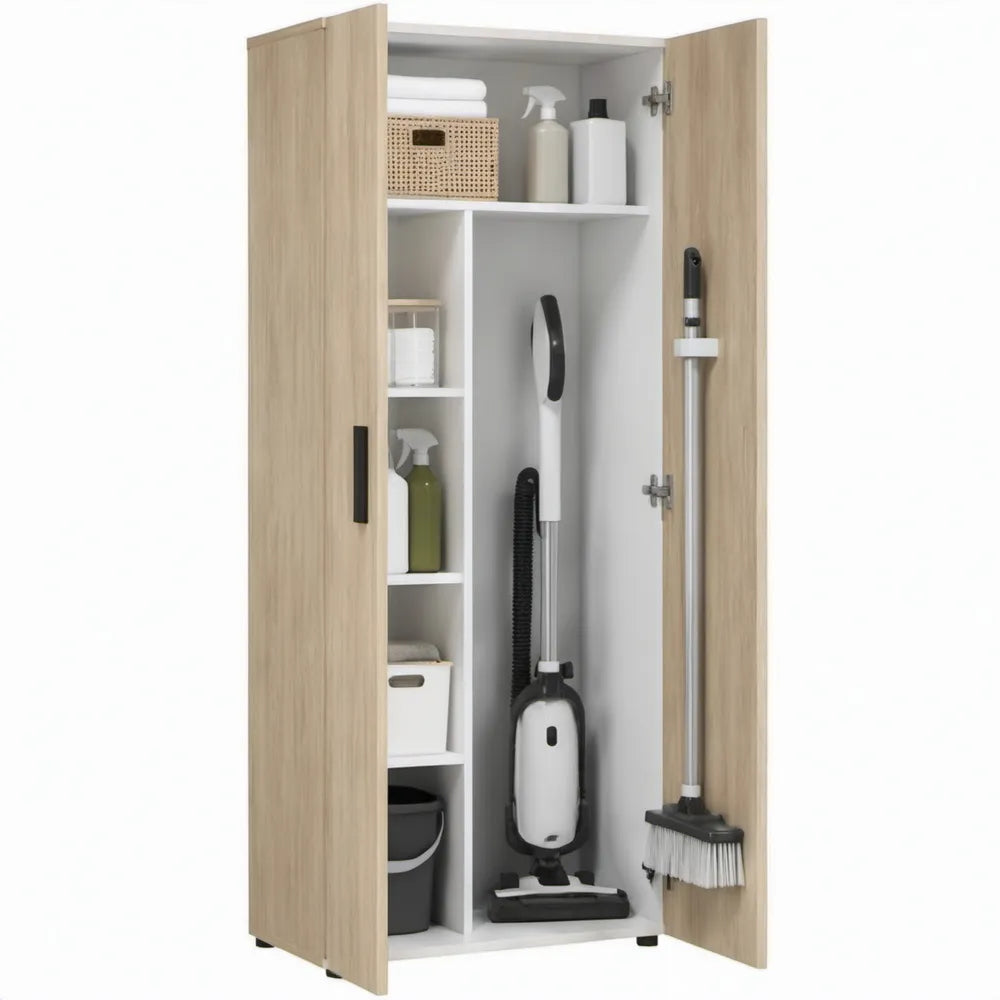Schoonmaakkast met 2 deuren, 70 x 40 x 180 cm, eikenkleurig en wit