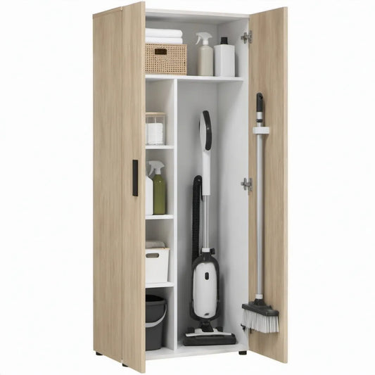 Schoonmaakkast met 2 deuren, 70 x 40 x 180 cm, eikenkleurig en wit