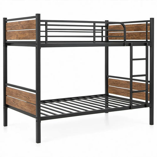Stapelbed 90 x 190 cm met ladder, zwart en bruin staal met MDF