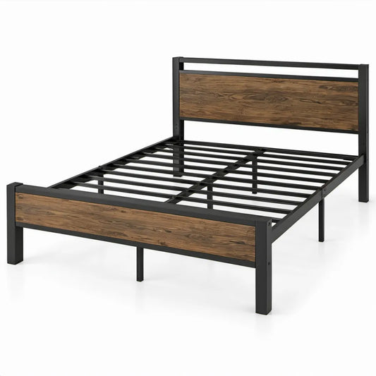 Bedframe 160 x 200 cm van zwart staal met bruin houtdecor