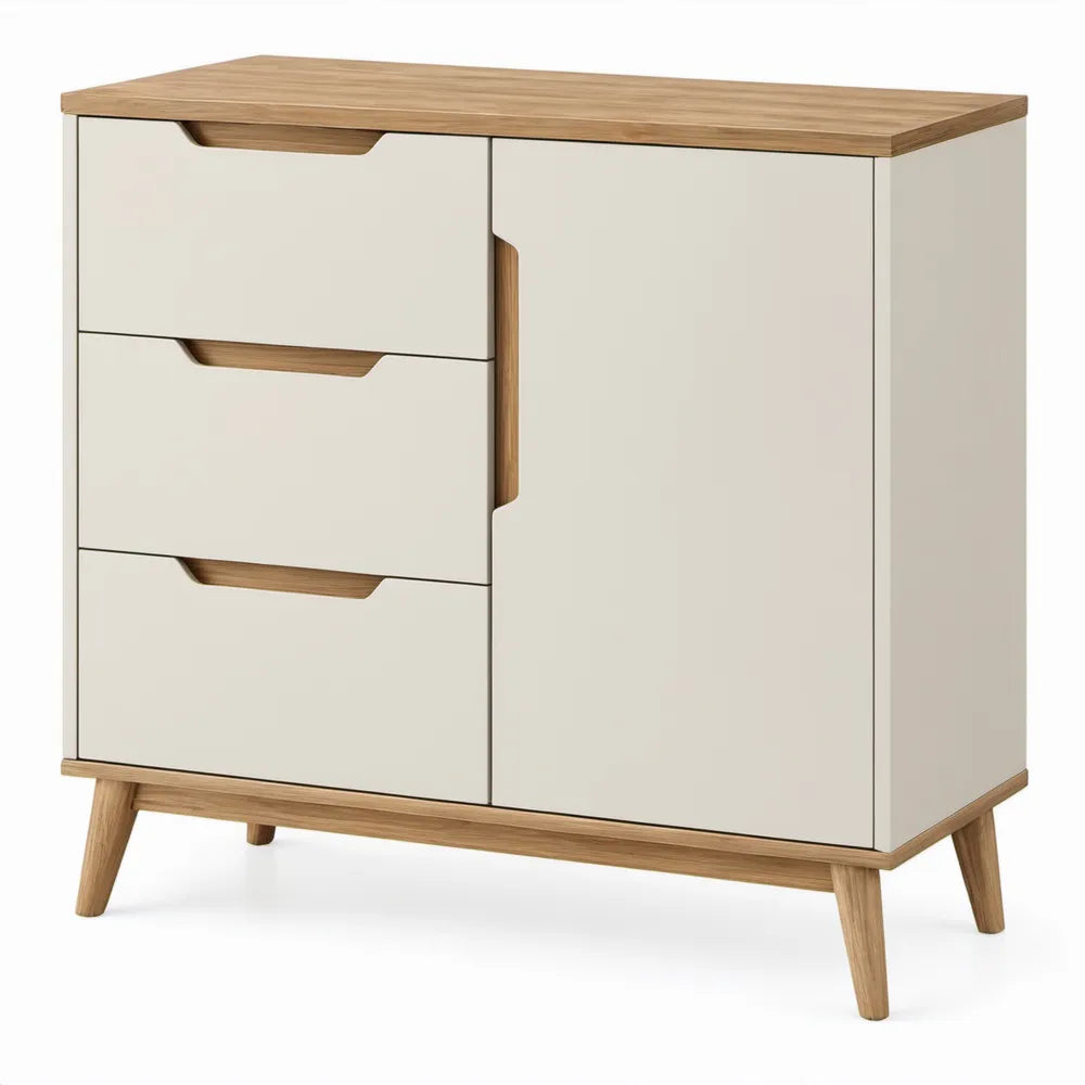 Kast met 3 lades en 1 deur, 80 x 40 x 90 cm, gebroken wit en eikenkleurig