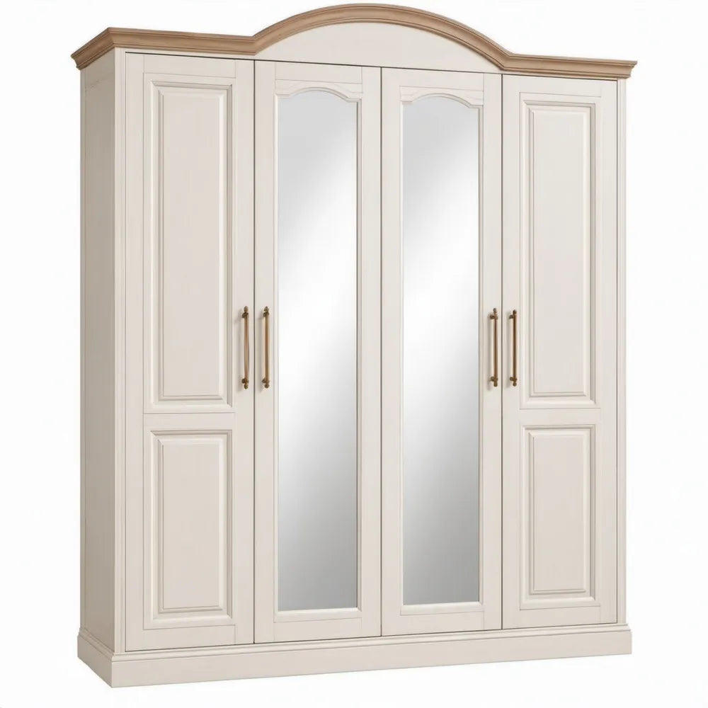 4-deurs kledingkast met spiegeldeuren, crème met bronskleurige handgrepen, 200 x 60 x 220 cm