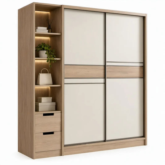 Schuifdeurkast met open vakken en 2 laden, 200 x 60 x 220 cm, eikenkleurig en wit